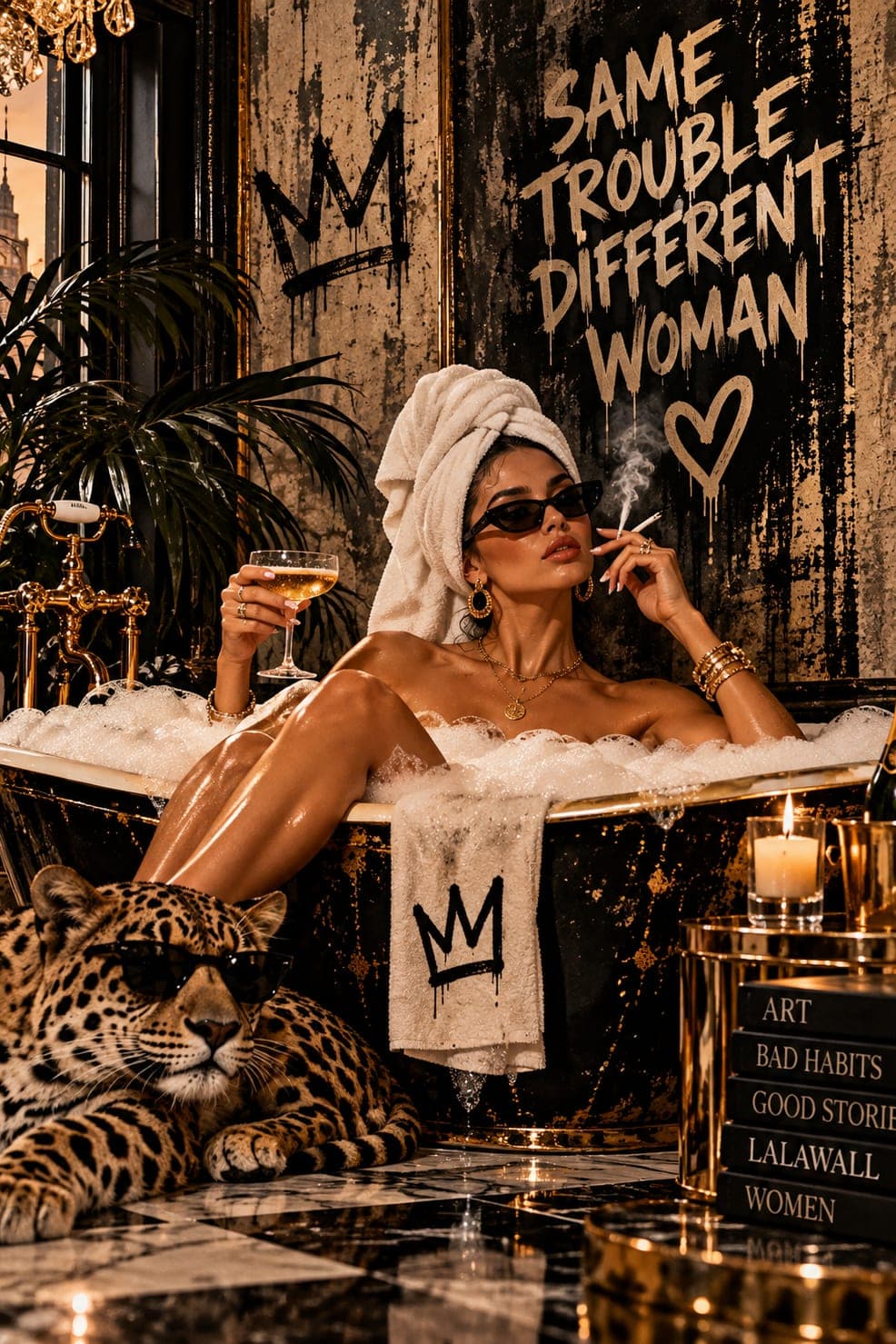 Photography of a woman in a bathtub with a leopard.