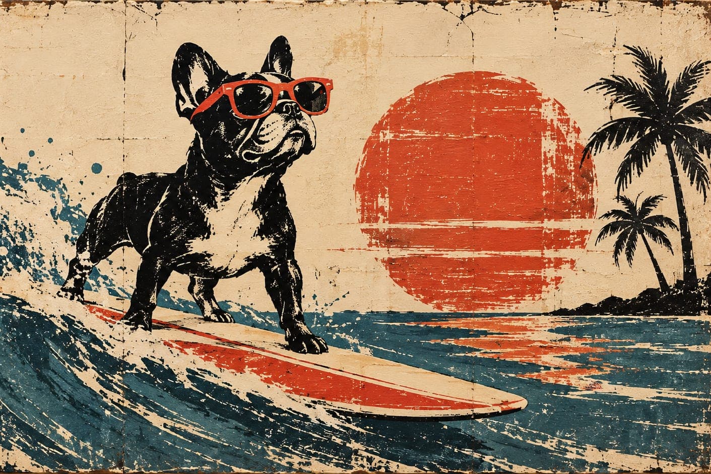 Kuva surffaavasta koirasta.